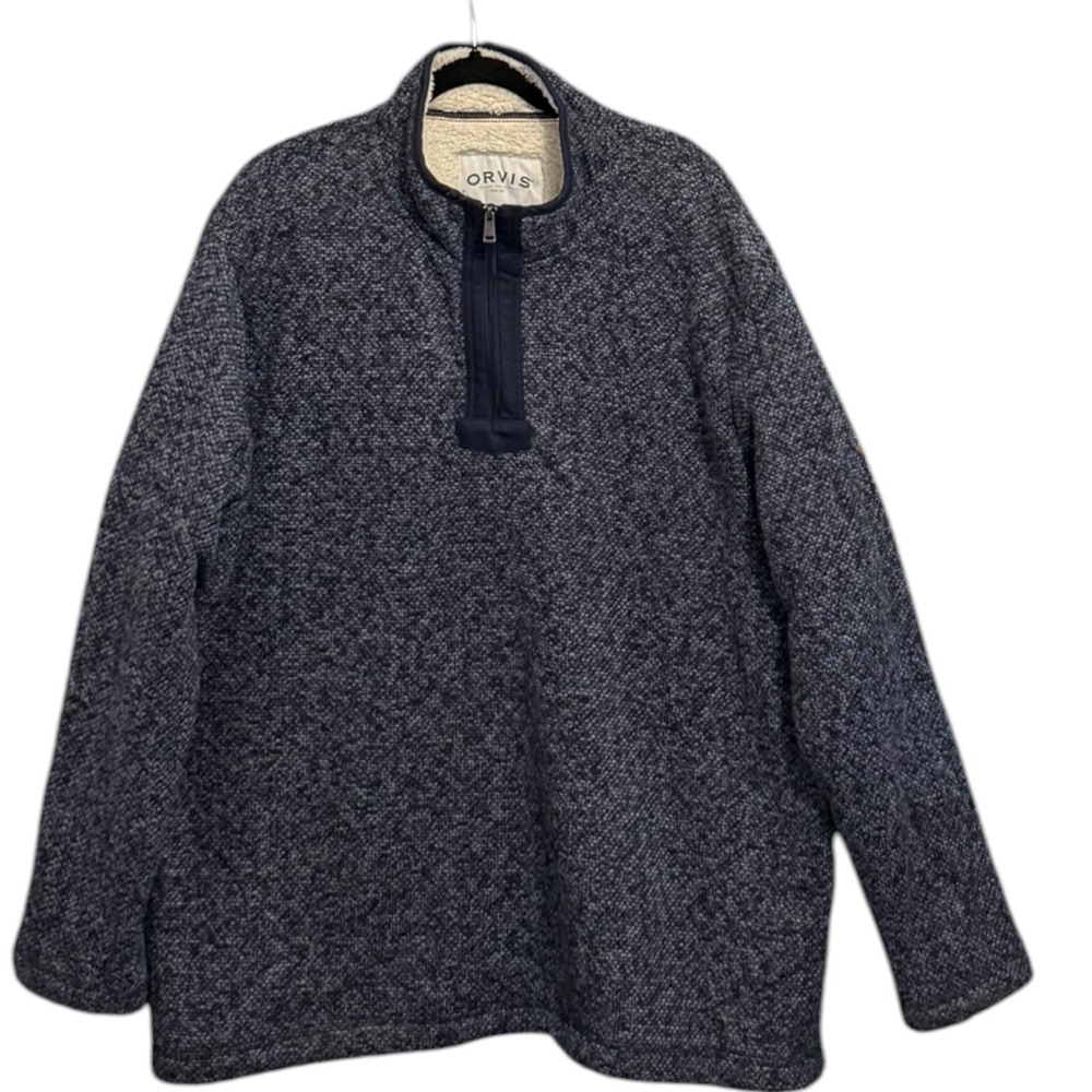 Orvis Sherpa Lined Quarter Zip Pullover Sweater Navy Marled Knit Mock Neck XXL
